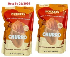 2-PACK Pocket Chocolate Churro Coated Crunchy Roasted Almonds 16 Oz. each bag