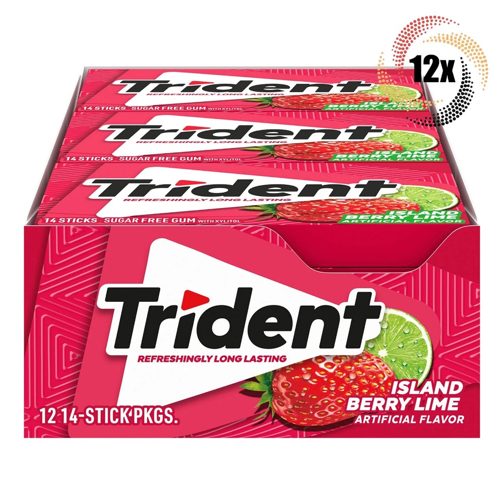 Full Box 12x Packs Trident Island Berry Lime Sugar Free Gum, 14 Sticks Per Pack