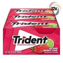 Full Box 12x Packs Trident Island Berry Lime Sugar Free Gum, 14 Sticks Per Pack