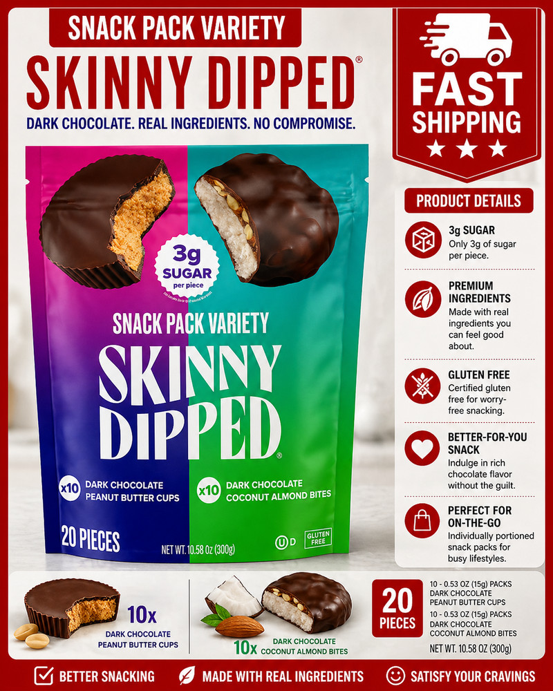 Skinny Dipped Snack Pack Variety, 20 ct. Low Sugar Treat, Gluten-Free
