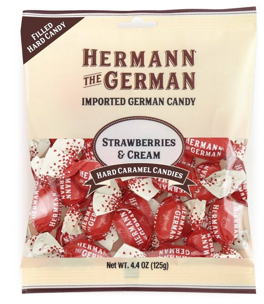 Hermann the German Strawberries & Cream Filled Hard Caramel Candy Gift Bag Set