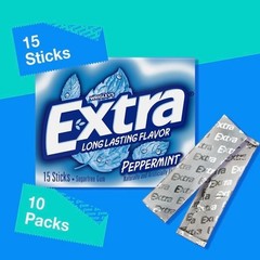 EXTRA Peppermint Sugar Free Chewing Gum 15 Pieces (10 Pack)