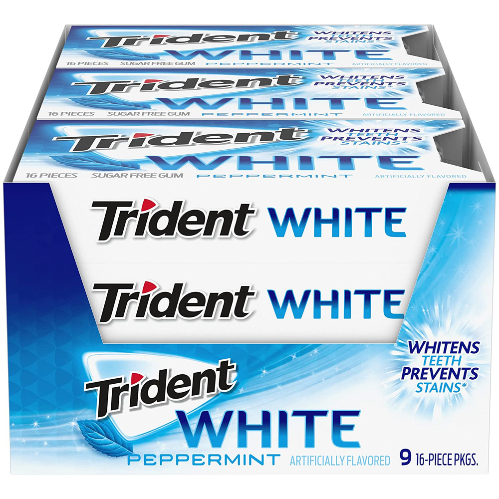 Trident White Peppermint Sugar-Free Chewing Gum, 9 Packs of 16 Pieces (144 Total