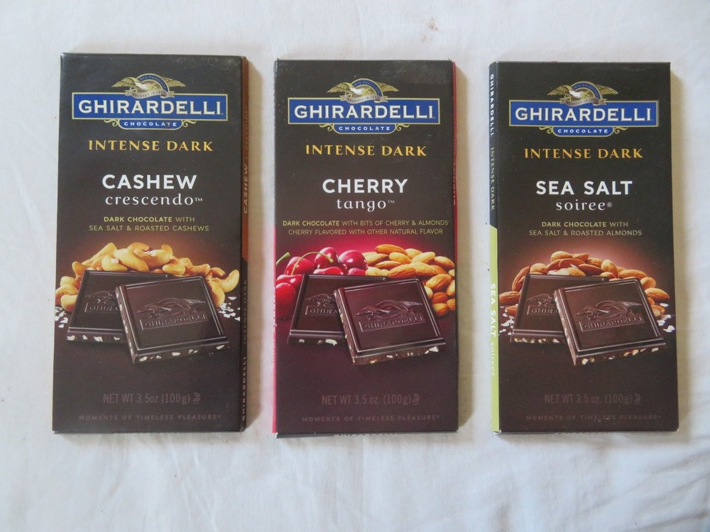 (3) Ghirardelli Chocolate Intense Dark Sea Salt, Cherry & Cashew 3.5 Oz Each