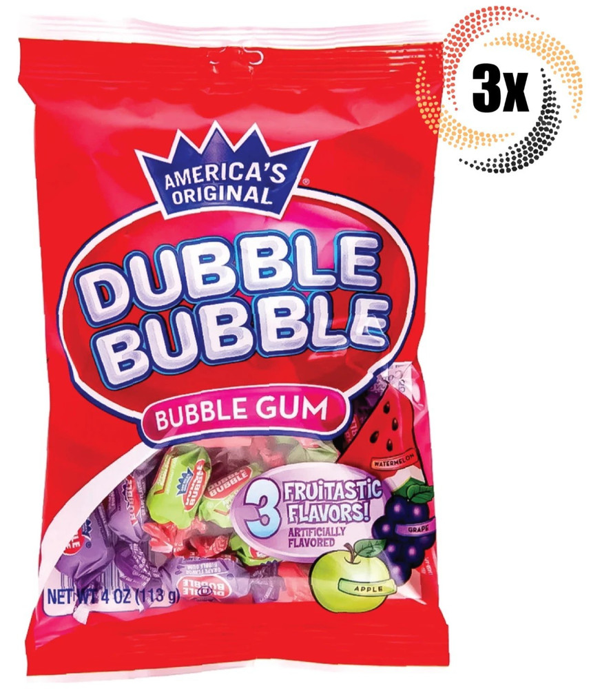 3x Dubble Bubble Bubble Gum-3 Assorted Fruitastic Flavors- Individually Wrapped