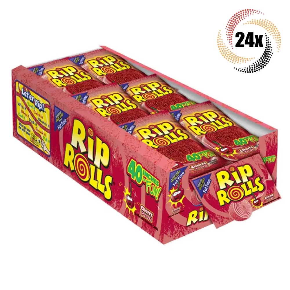 Full Box 24x Packs Rip Rolls Cherry Fat Free Candy | 40 Inches of Fun | 1.4oz