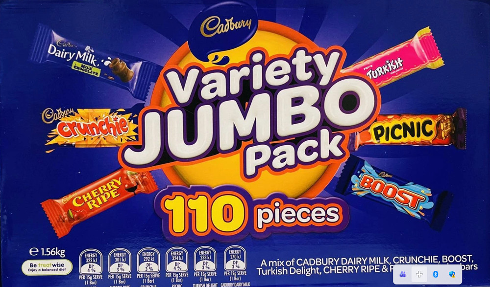 NEW Cadbury Variety Jumbo Pack 110 Pieces Assorted Fun Size 1.56kg Chocolate Box