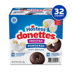 Hostess Donettes Variety Pack 32 Snack Packs Frosted & Powdered Mini Donuts 48oz