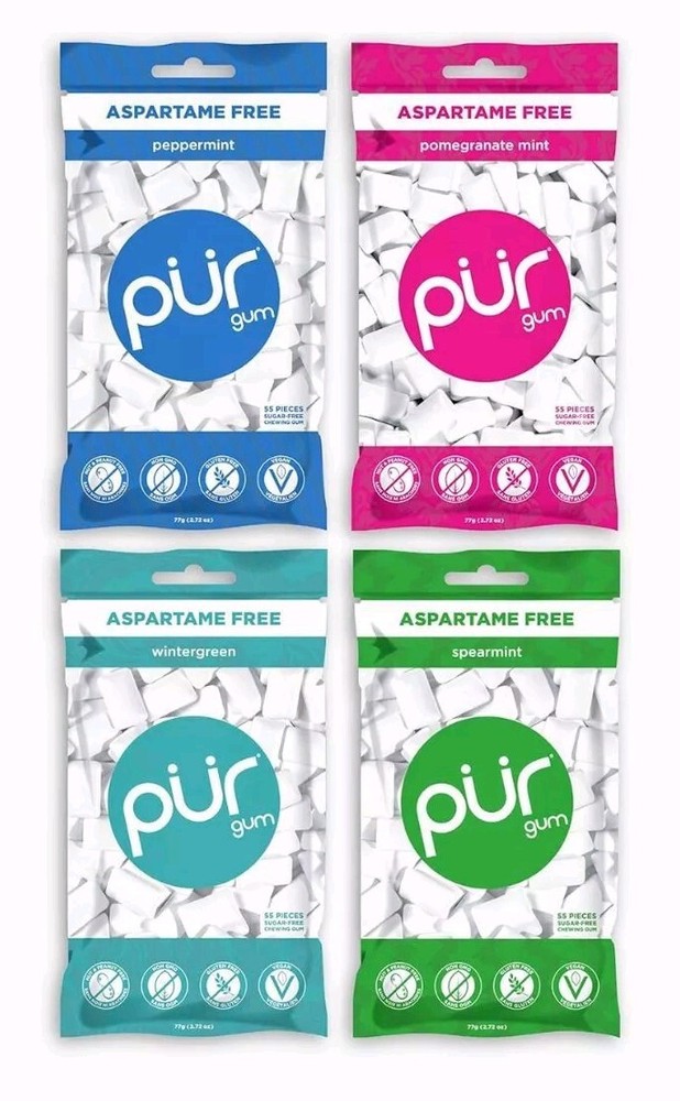 PUR Xylitol Chewing Gum 4 Flavor Variety (55 Pieces, 4 Pack) Sugarless, Vegan