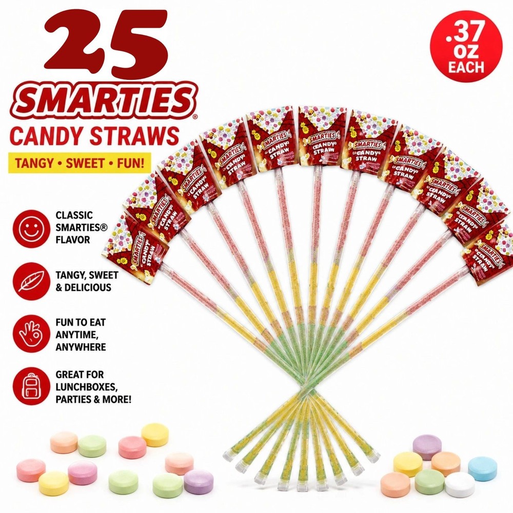 25 Smarties Candy Straws .37 oz Each Sweet Tart Candy Pixy Stk Party Favor Treat