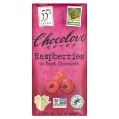 Chocolove XOXOX 3.1 oz. RASBERRIES in Dark Chocolate 55% Cocoa Bar * BB 1/2028 *