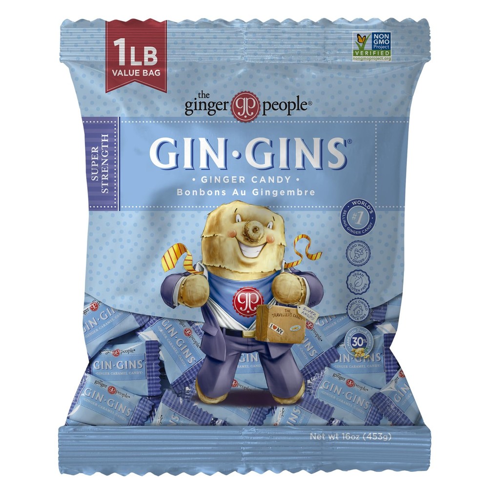 GIN GINS Super Strength Ginger Candy Made w/Fresh 1lb (Pack of 1), Blue