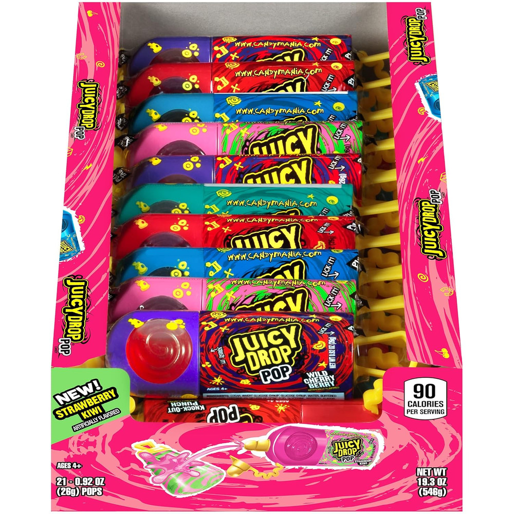Sour Candy Lollipops, 21 Ct Sweet Lollipops with Sour Candy Gel in Assorted Frui