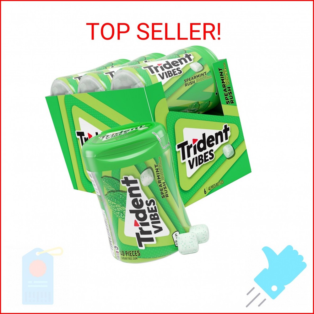 Trident Vibes Spearmint Rush Sugar-Free Chewing Gum, 6 Bottles of 40 Pieces (240