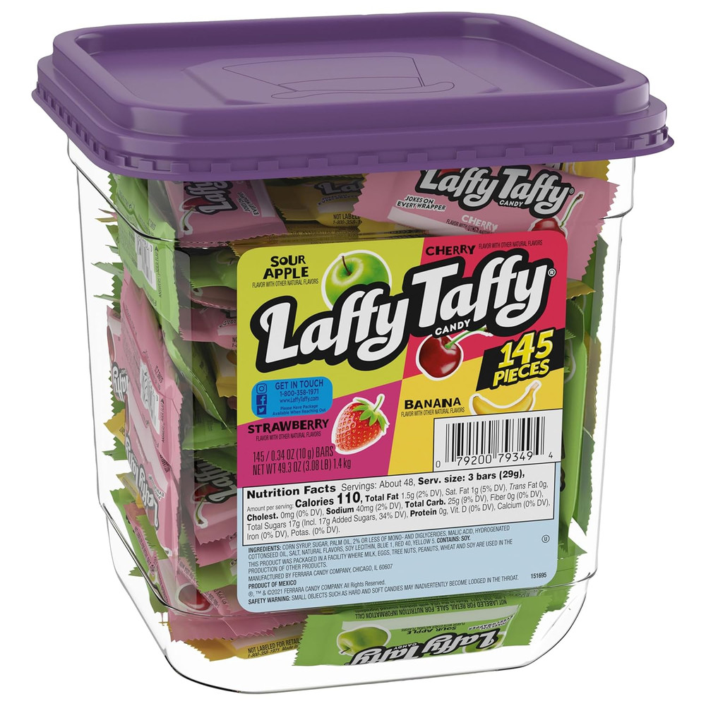 Laffy Taffy Candy, Assorted Fruit Flavored Taffy Candy, Sour Apple, Cherry, Stra