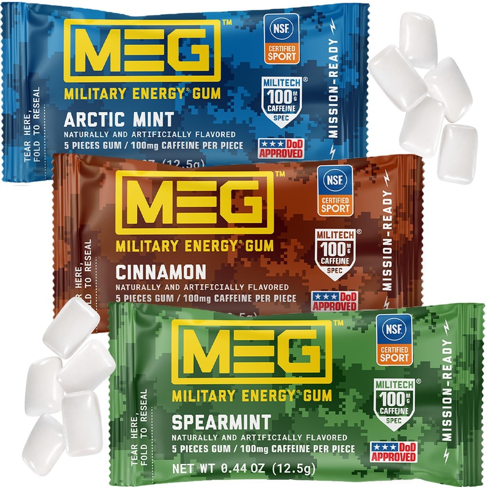 MEG – Military Energy Gum 5 Count (Pack of 3), Arctic, Cinnnamon, & Spearmint