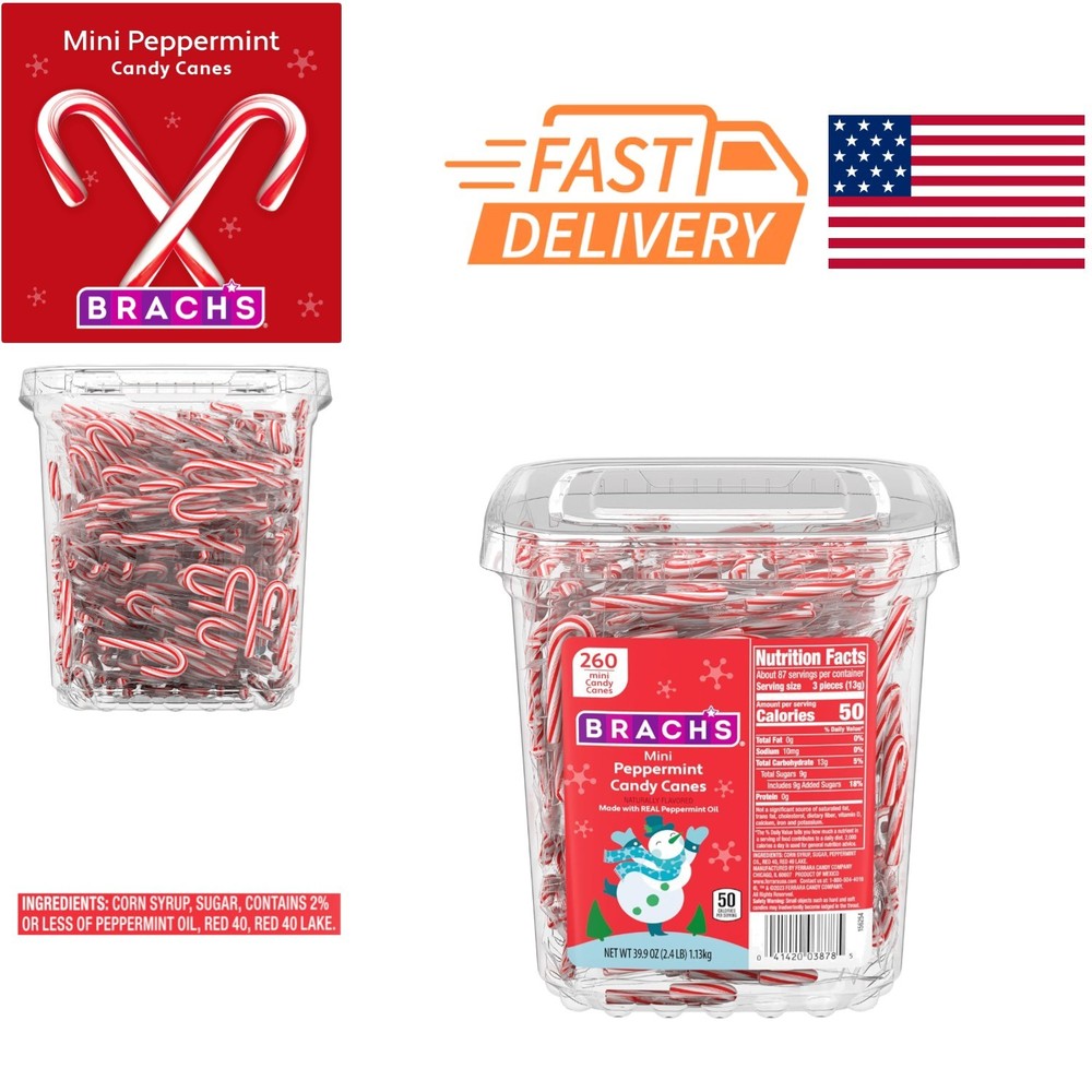 Mini Peppermint Candy Canes 260 Count Tub for Holiday Stocking Stuffers