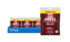 HALLS Relief Sugar Free Black Cherry Flavor Cough Drops Economy Pack 12 Bags