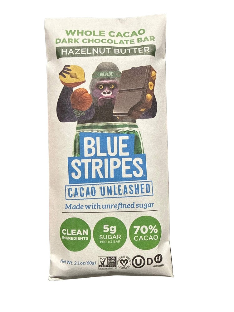 10/26 Blue Stripes Whole Cacao Hazelnut Butter Chocolate PACK 12, Bar 2.1 OZ