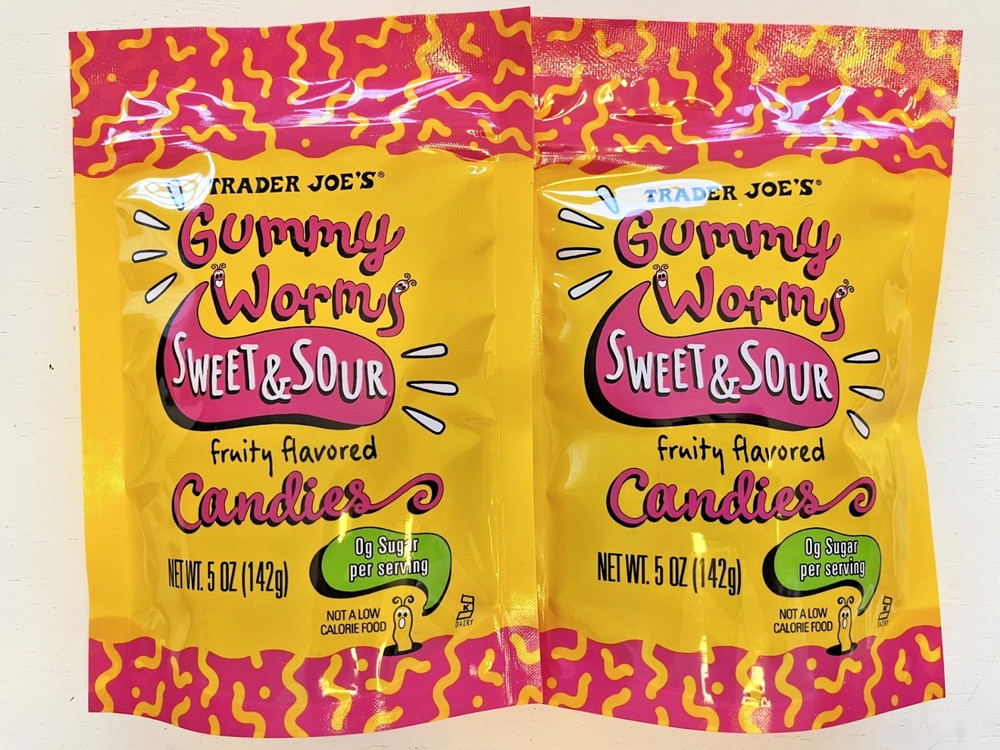 2 Pack Trader Joe’s Sweet & Sour Gummy Worms Candies 5 oz ea Gummies High Fiber