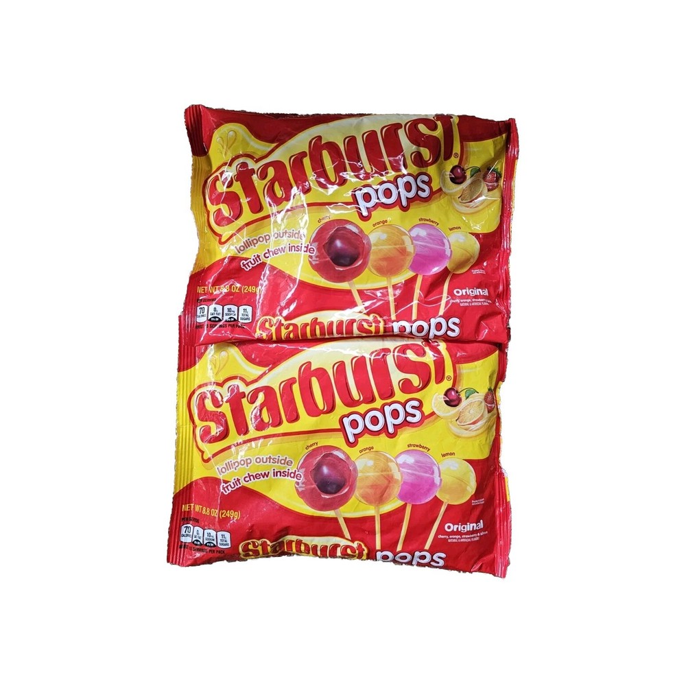 2 Starburst Pops “Lollipop Outside – Fruit Chew Inside” 8.8 oz bags 08/25