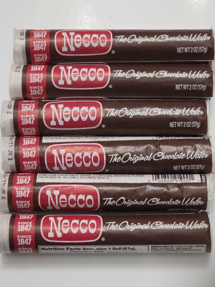 Necco Wafers Original Chocolate Flavored Hard Candy Rolls Bundle of 6 Rolls 2oz