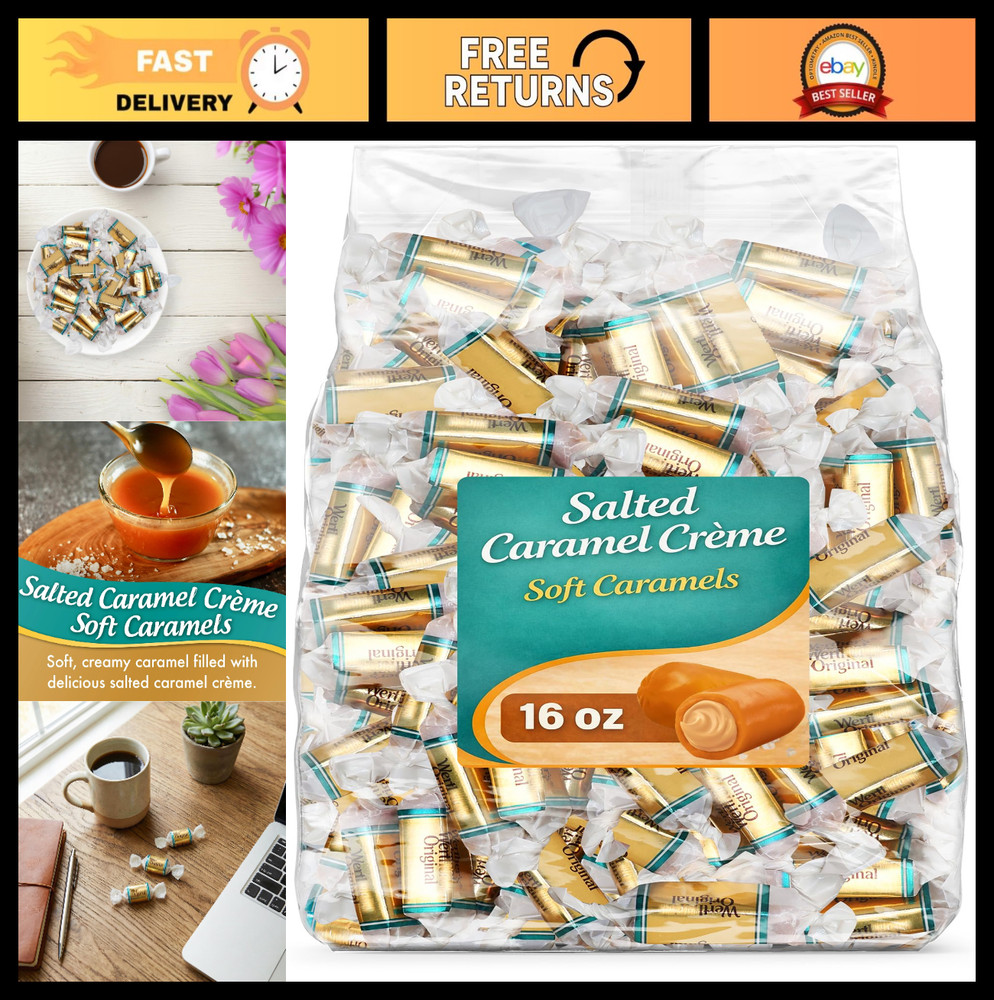 Soft & Chewy Sea Salt Caramels – Individually Wrapped Candy Treats, 1 lb, 68 Pie