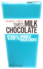 2 PACKS TRADER JOE’S SWISS MILK CHOCOLATE WITH 30% WHOLE HAZELNUTS 7-OZ BARS