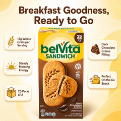 belVita Breakfast Sandwich Biscuits, Dark Chocolate Creme, 1.76 oz, 25-count
