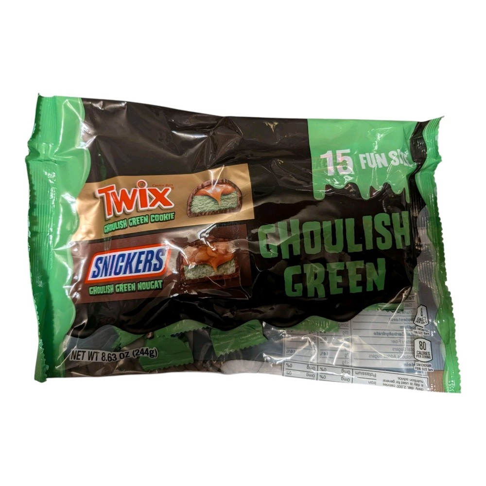 Twix & Snickers Ghoul Green Fun Size Cookie Bar Halloween Candy 15 Count 8.63oz