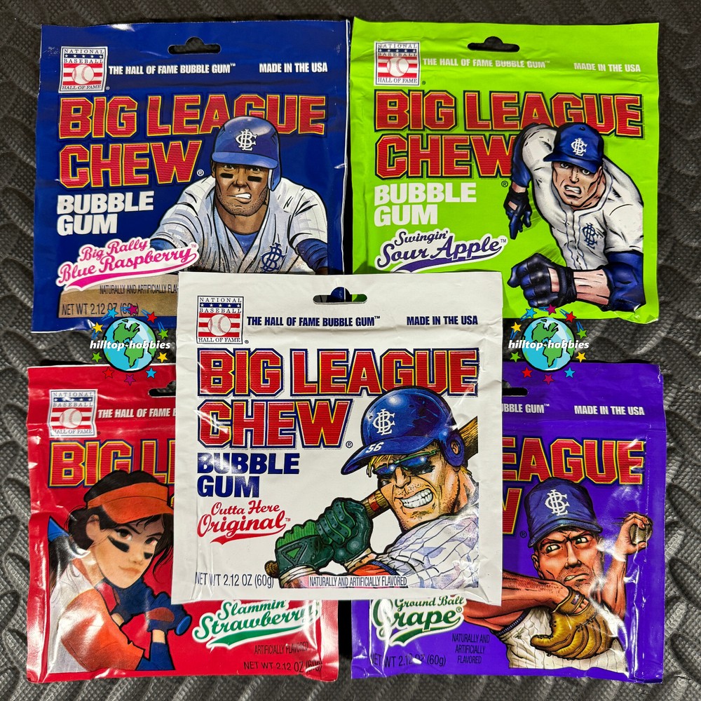 5-PACK LOT OF BIG LEAGUE CHEW SHREDDED BUBBLE GUM ORIGINAL/GRAPE/APPLE/RASP/STAW