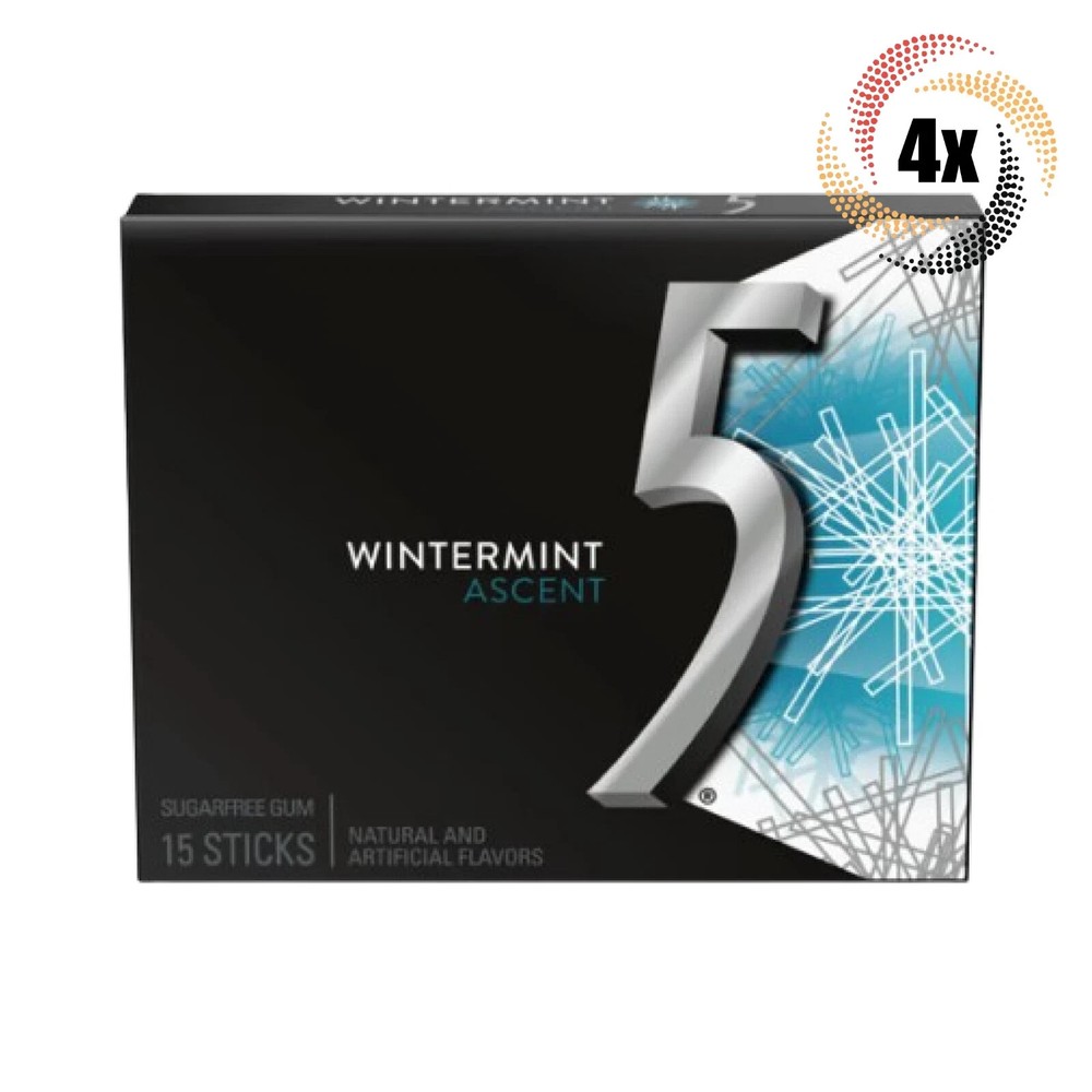 4x Packs 5 Gum Wintermint Ascent Flavor | 15 Sticks Per Pack | Sugar Free Gum