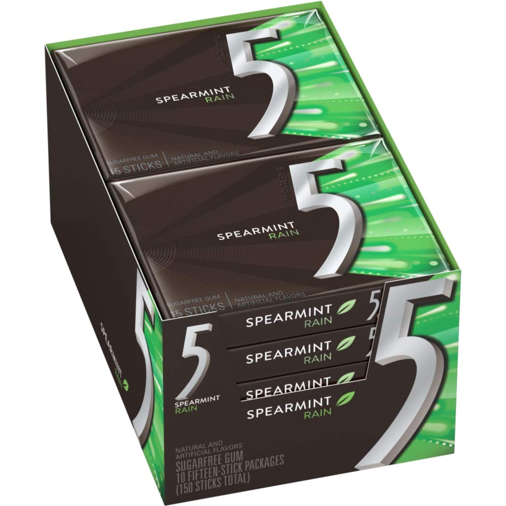 5 GUM Spearmint-Rain Flavoured Sugar Free Chewing Gum 15 Sticks 10 Packs