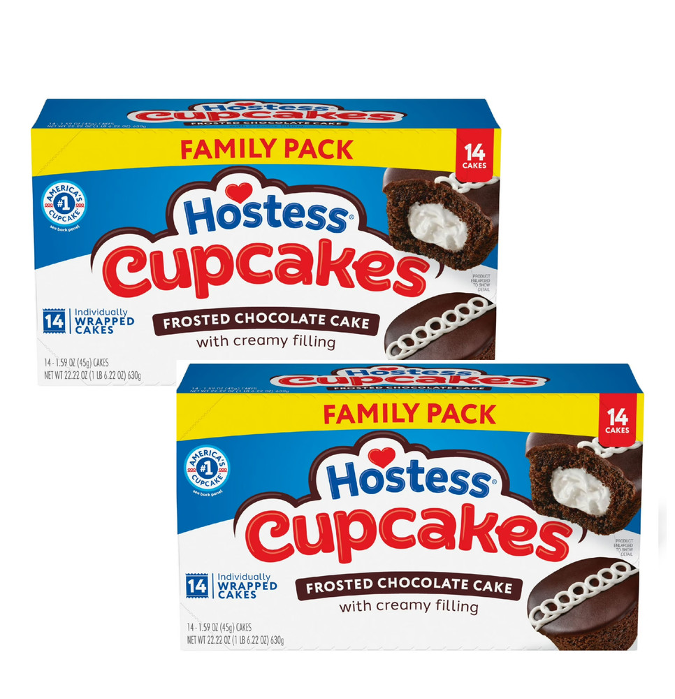 (2 Pack) Hostess Cupcakes, Chocolate Snack Cakes, 22.22 oz Box (14 Count)
