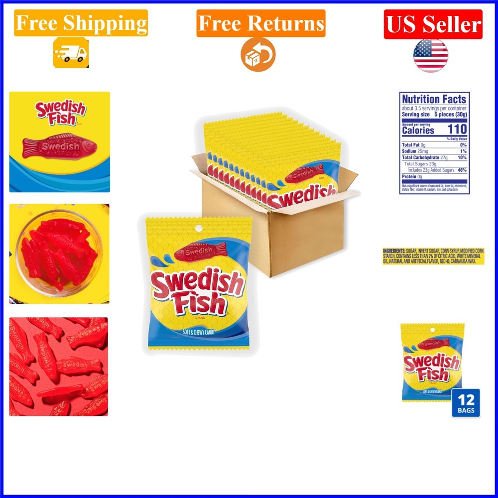 Swedish Fish Candy Pack of 12, Chewy, Fish-Shaped, Red, 3.6oz Bags