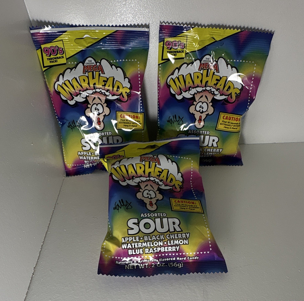 Warheads Mega Sour Assorted Hard Candy 2 oz (56g) Bags 3 Pack 90s Throwback