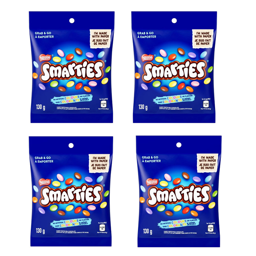 Nestle Smarties Candy Coated Milk Chocolate Pouches 130g Sweet Treat (4 Packs)