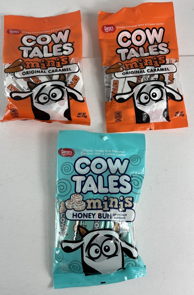 Cow tales minis 4 oz original caramel x 2 ,Honey bun x 1 lot of 3 packs