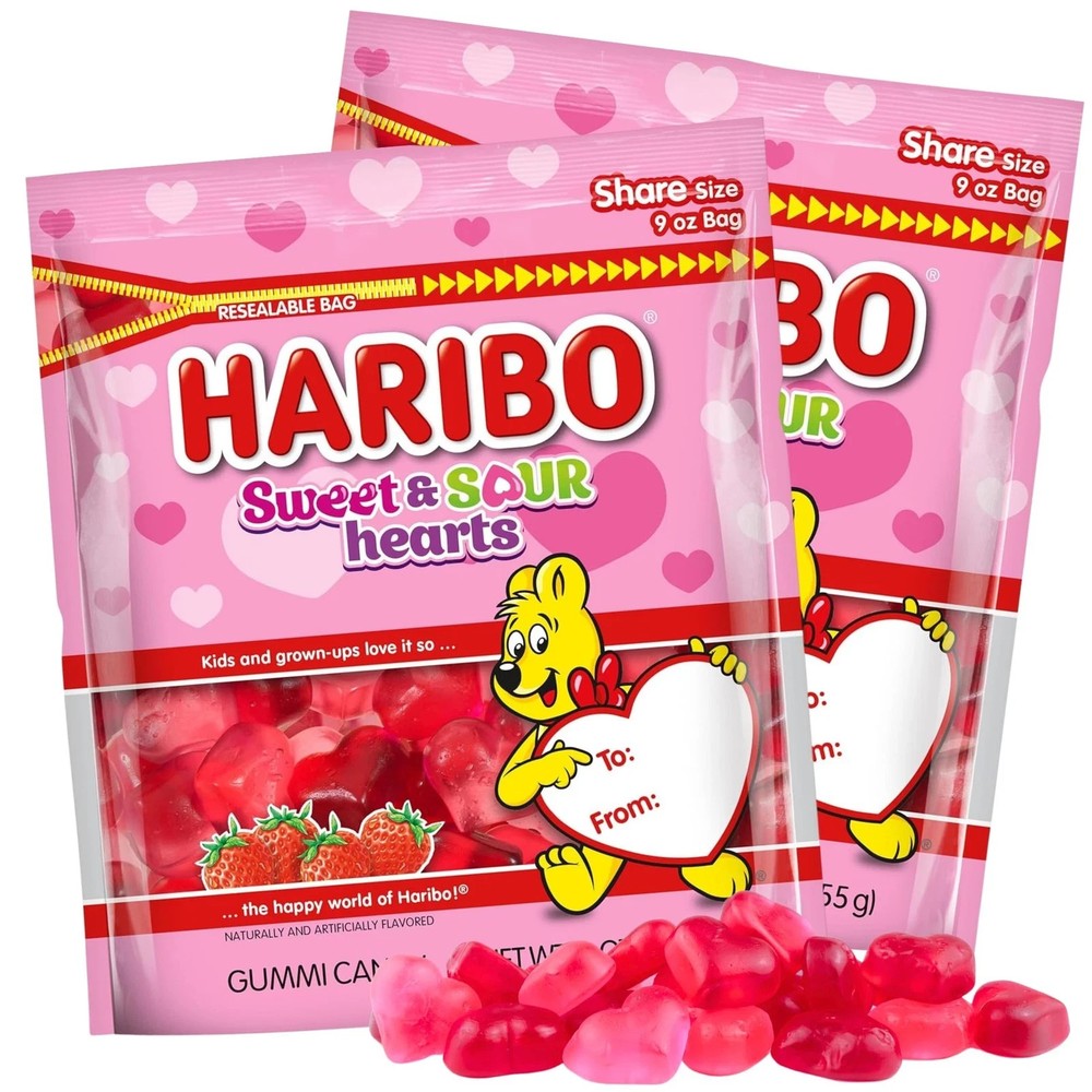 Valentine’s Day Haribo Sweet and Sour Gummy Hearts, 9 Ounces bag-(Pack of 2)