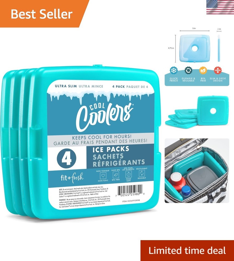 Leak-Proof Green Slim Ice Packs 4PK: Perfect for Lunch Bags & Outdoor Adventures