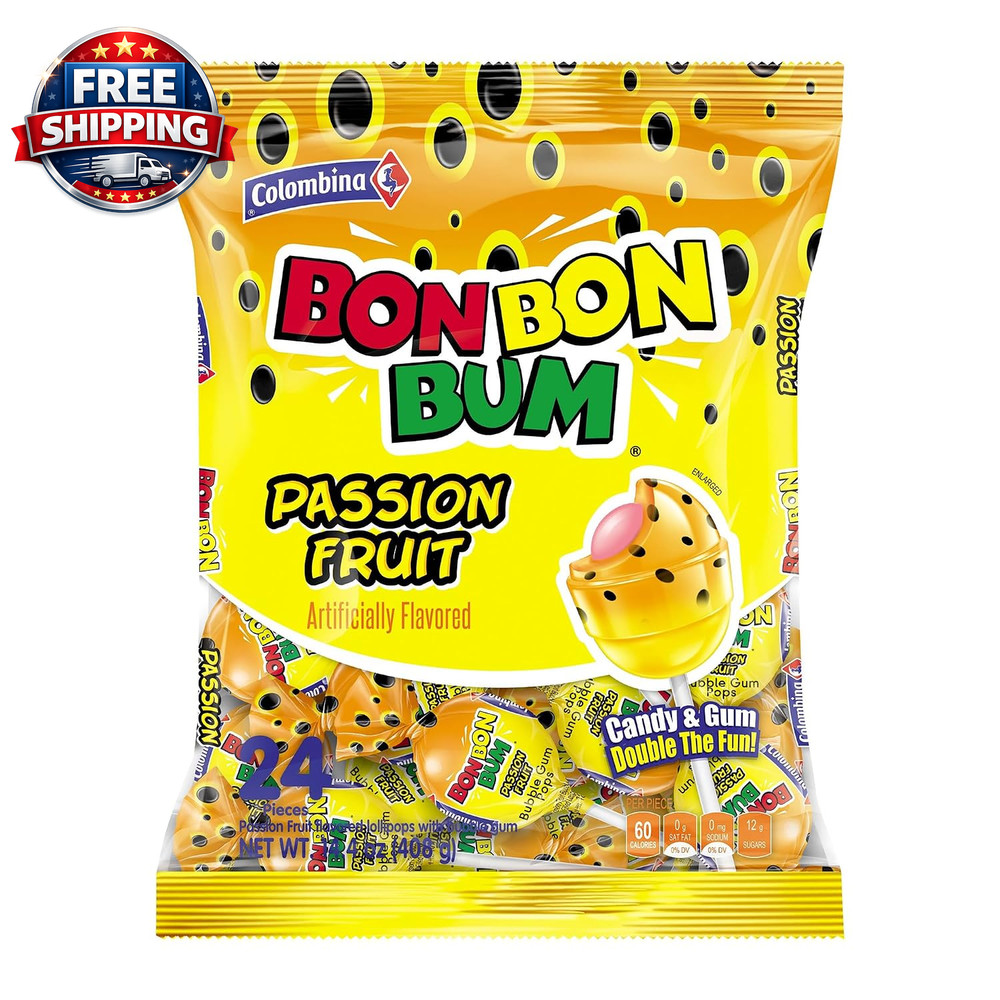 Bon Bon Bum Passion Fruit Lollipops, Tropical Fruit Hard Candy, Individually Wra
