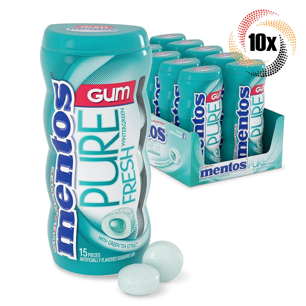 Full Box 10x Bottles Mentos Pure Fresh Wintergreen Gum | 15 Pieces Each | 1.06oz