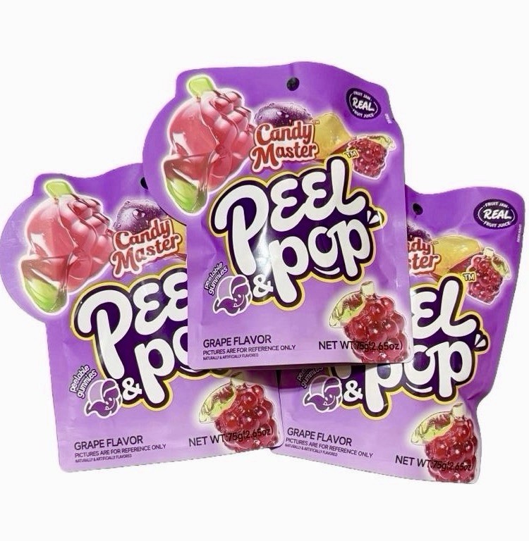 3 Pack Candy Master Peel & Pop Grape Peelable Gummy Candy Halal 75g Each