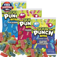 Sour Punch Bites, 5 Ounce Bags (Pack of 3), Strawberry, Blue Raspberry & Assorte