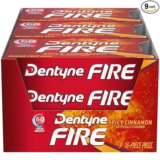 Dentyne Fire Sugar Free Gum (Spicy Cinnamon 16 Piece Pack of 9)