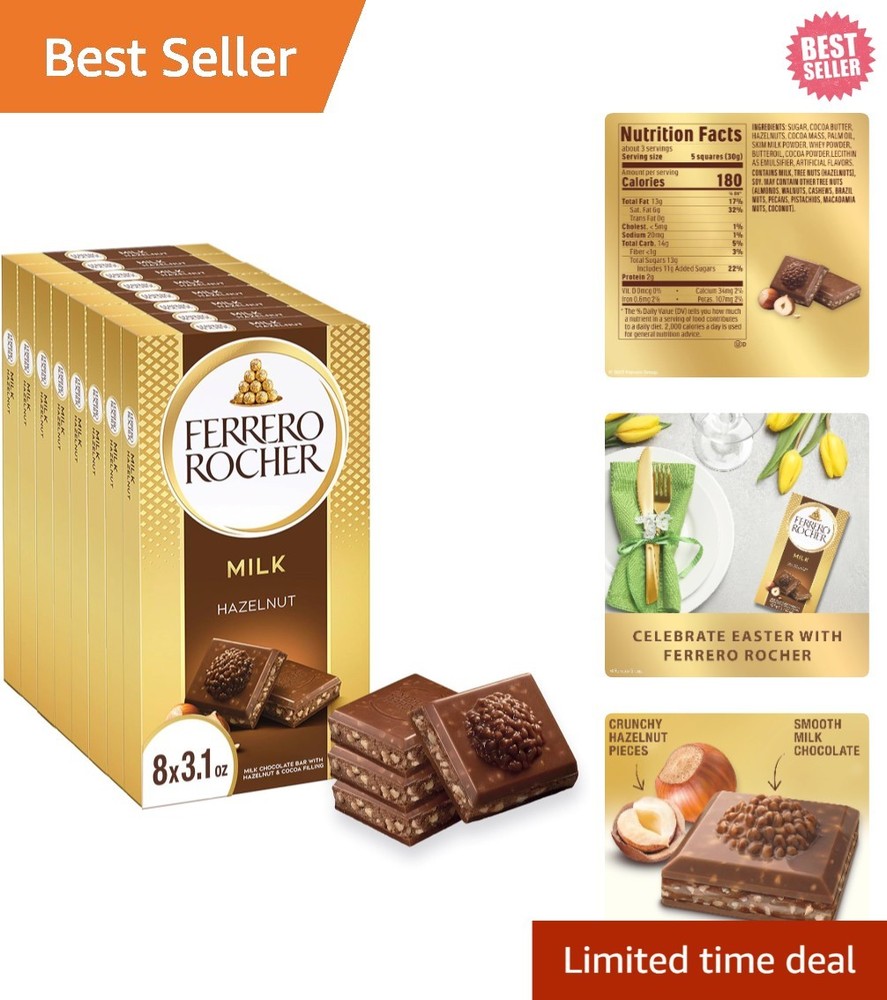 Luxurious Milk Chocolate Hazelnut Bar – Gourmet Treat Pack of 8 (3.1 oz Each)