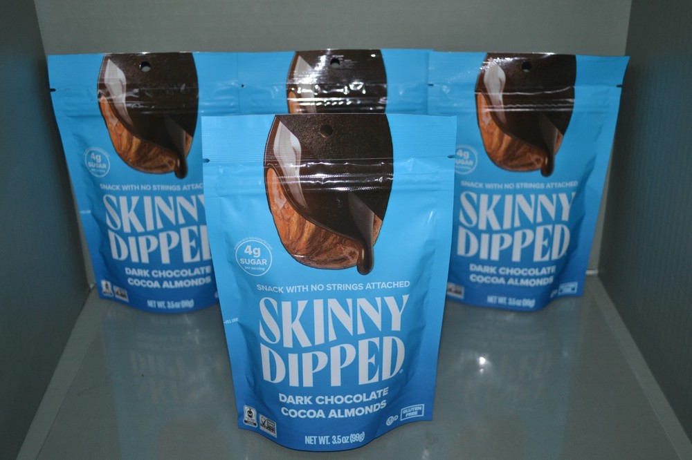 (4) Skinny Dipped Dark Chocolate Cocoa Almonds, 3.5 oz Each, BB Date 09/01/2026