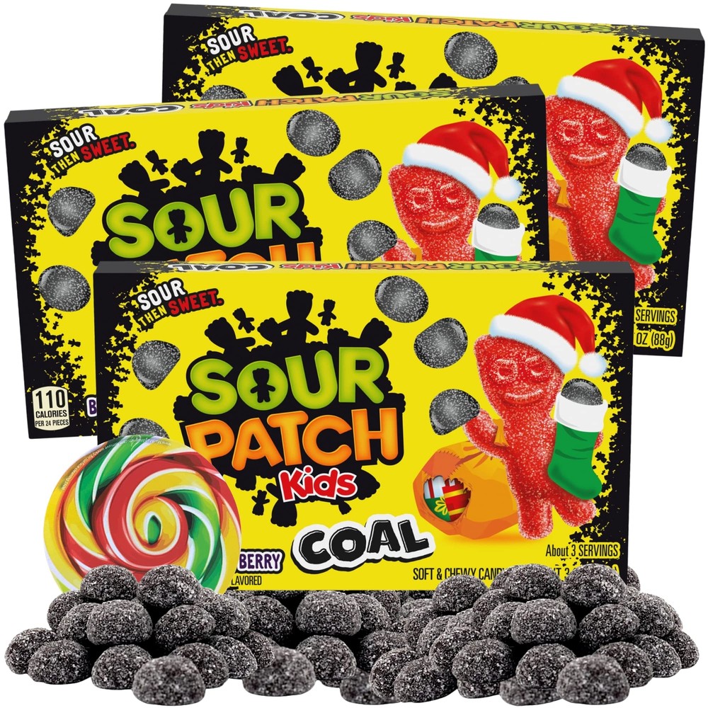 SOUR PATCH KIDS Holiday Coal Sour Candy Pack of 3 Gummy Treats 3.1oz Each