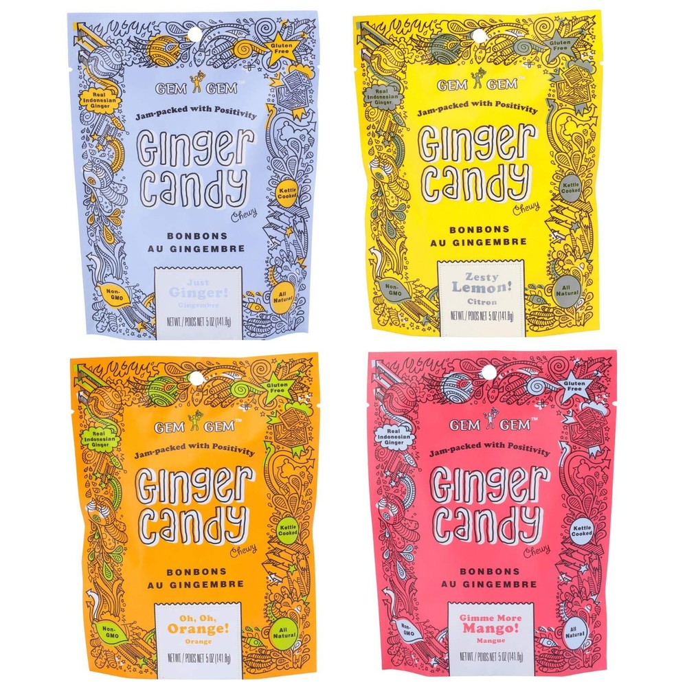 Gem Gem Ginger Candy Chewy Ginger Chews Assorted Mix 5.0oz Pack of 4