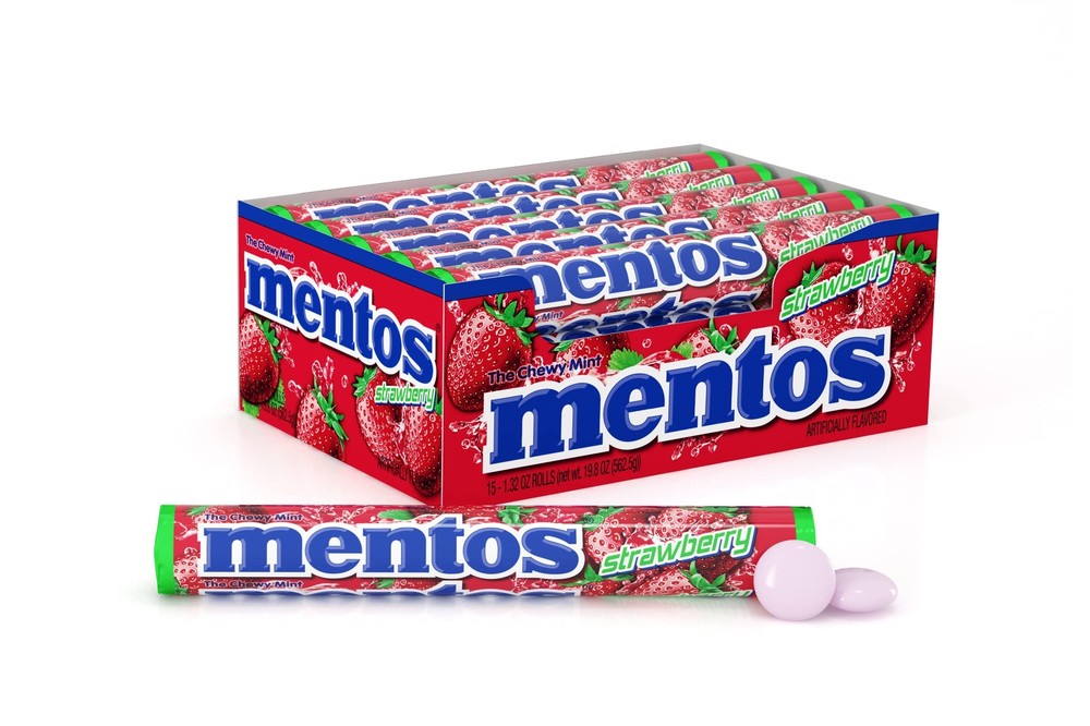 Mentos Chewy Mint Candy Roll, Strawberry, Non Melting, Party,15 Count